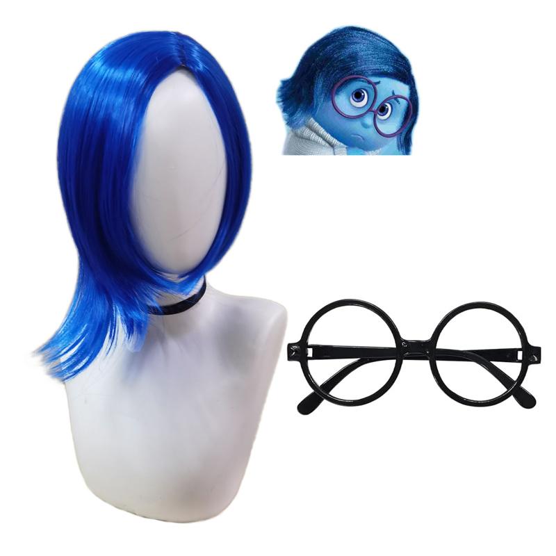 Anime Traurigkeit Perücke Kurze blaue Perücke für Frauen Kurze Bob-Perücke für Halloween Cosplay Outfit Perücke Synthetische Perücke für Kostümparty as the picture-