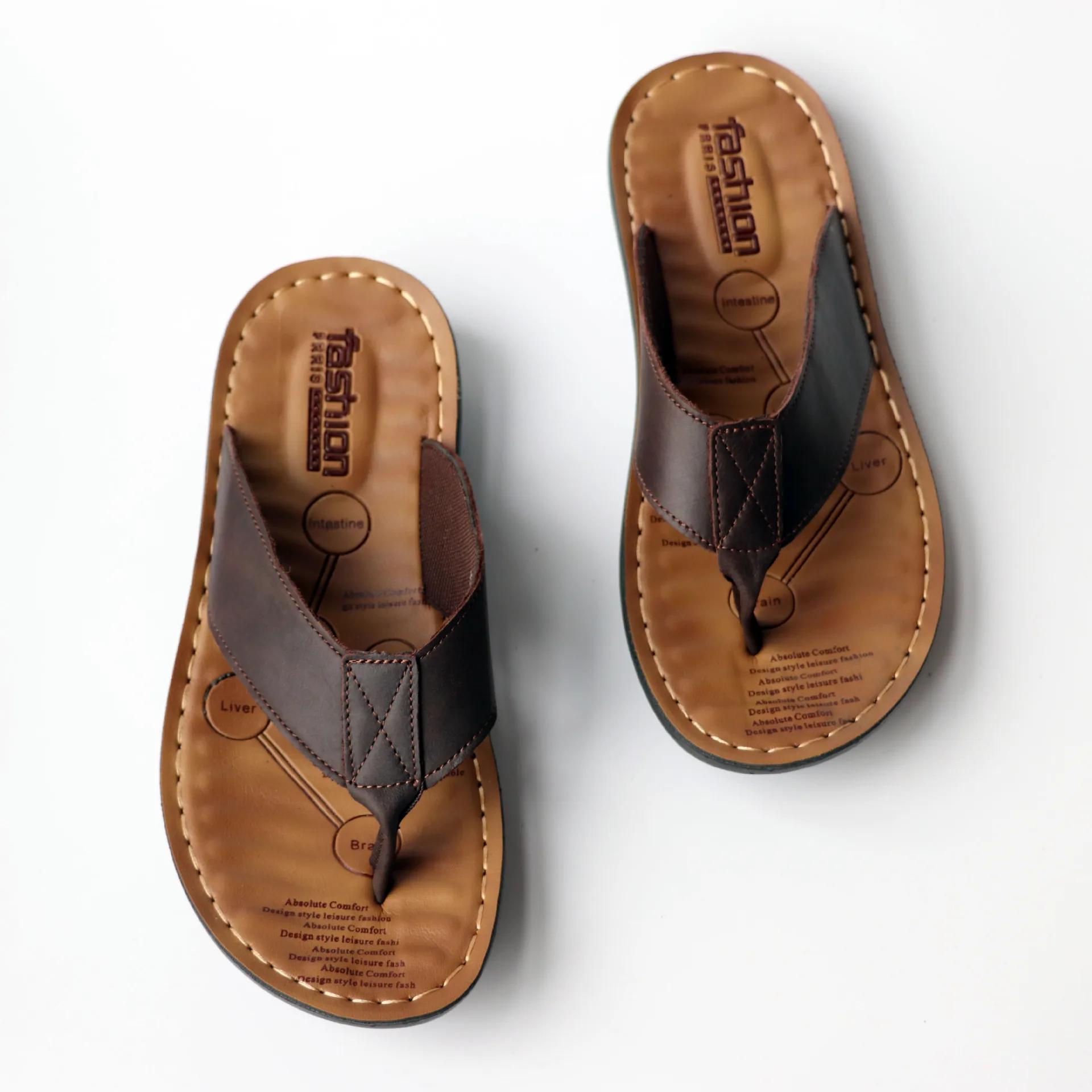 Sommerschuhe Leder Herren Flip Flops Schuhe Outdoor Strand Casual Flache Hausschuhe Trend Flache rutschfeste Clip Toe Sandalias Große Größe 44 braun
