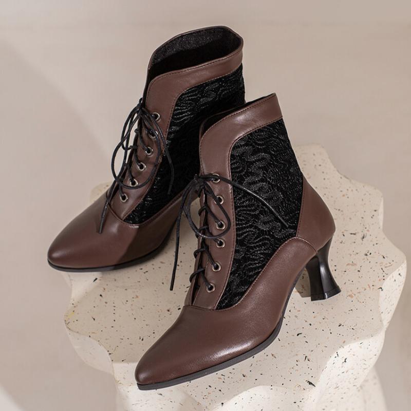 Viktorianische Stiefeletten für Damen, Leder, Spitze, Absatz, Schuhe für Damen, modisch, mit Schnürung, gespleißt, Damen-High-Heels, Damenstiefel, Knöchelgröße 46 41
