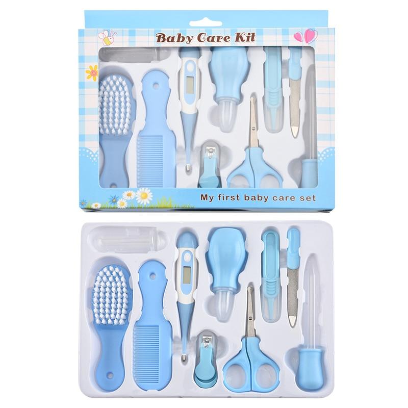 Baby-Gesundheitspflege-Set für Neugeborene, Nagelhaar-Thermometer, Pflegebürsten-Set, Clipper, Schere, Multifunktions-Kind-Toilettenartikel-Set, Babypflege 10pcs blau