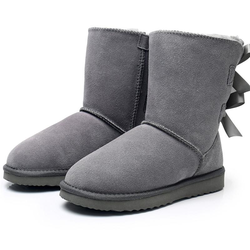 Echtes Leder Damen Schneestiefel Warme Winterstiefel Damenstiefel Warme Winterschuhe Dicke Plüsch Flats Schuhe 37 graue