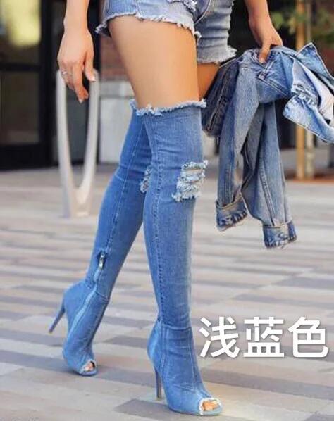 Mode Mode Damen High Heels Frühling Herbst Peep Toe Overknee-Stiefel Enge High Stiletto Jeans Stiefel Cowboy Damenstiefel 39 hellblaue