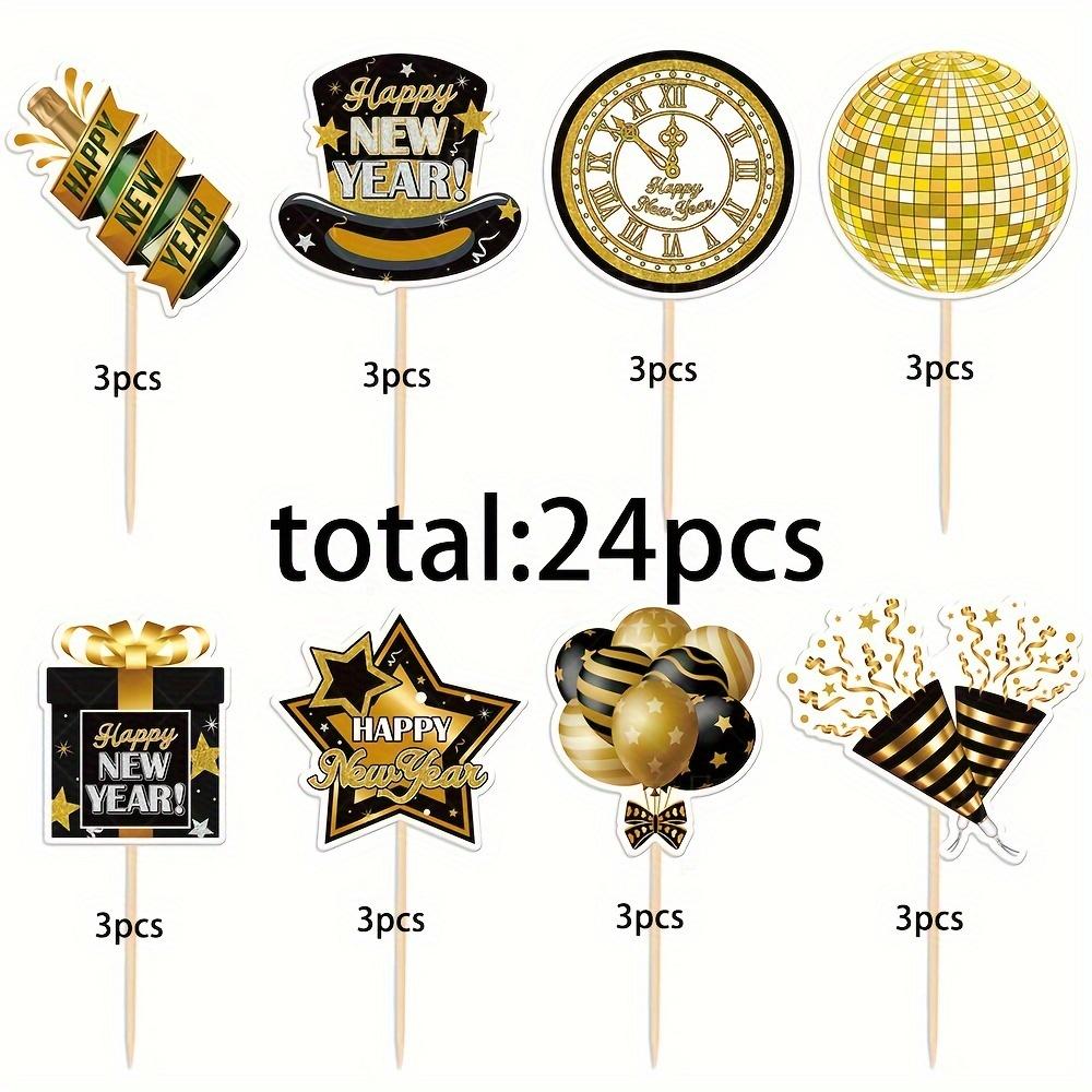 24 Stück Tortendekoration Neujahr Silvester Deko Gold Glitzer Tortendekoration Einsätze - Silvester Party Deko 24pcs black