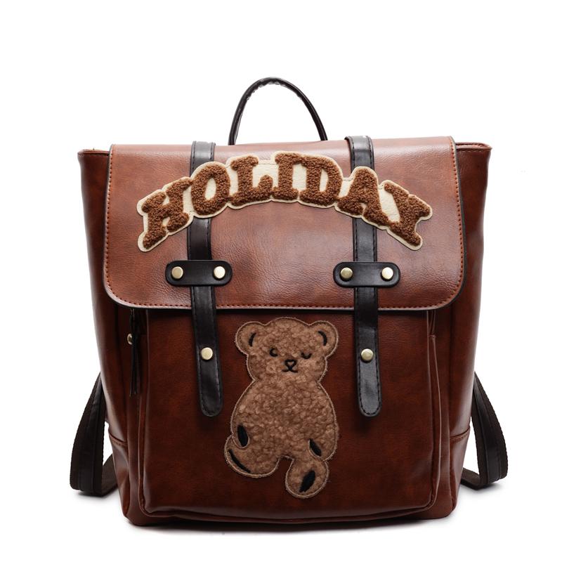 Retro Rucksack Damen Brief Bär Print Pendlertasche große Kapazität Schüler Schultasche braun
