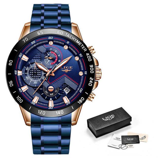 LIGE 2020 Neue Mode Herren Uhren mit Edelstahl Top Marke Luxus Sport Chronograph Quarzuhr Männer Relogio Masculino blau/schwarz