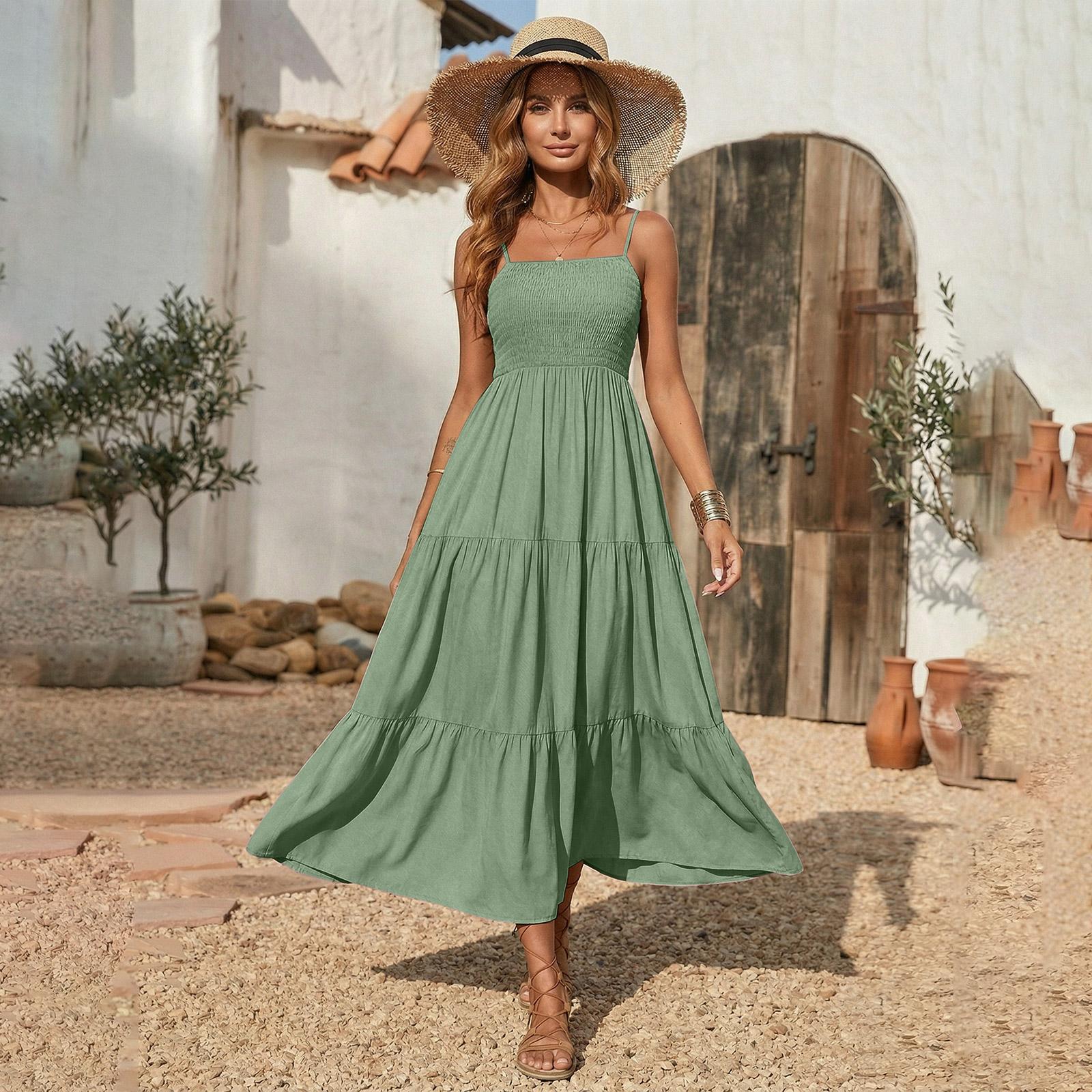 Sommerkleider für Damen UK Ärmelloses Stufen-Maxikleid Lässige Fließende Kleider für Damen UK Karree-Ausschnitt Damenkleider XL grün