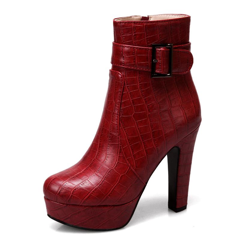 Herbst Winter Damen Stiefeletten Plateau Fashion Heel Kurze Stiefel Damen Schnalle Rot Gelb Blau Sexy Damen Schuhe Große Größe 45 47