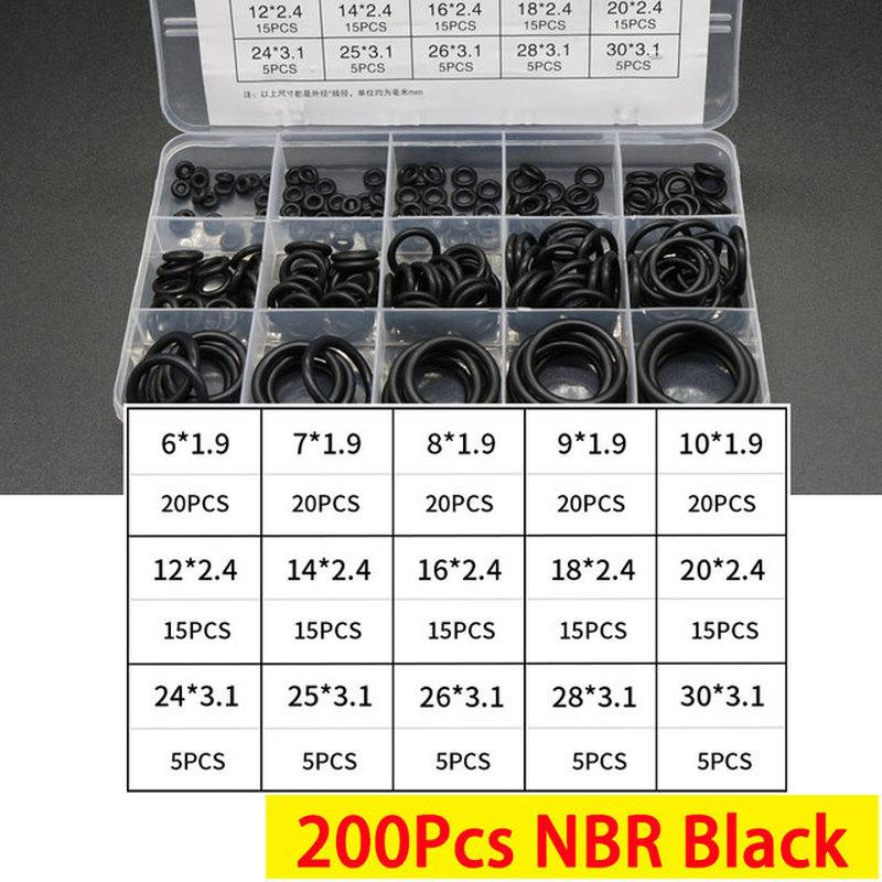 200 Stück O-Ring-Gummidichtungen, Dichtungsring-Set, Nitrilkautschuk, Hochdruck-O-Ringe, NBR-Dichtungs-Elastikband, O-Gummi-Ring-Set 200Pcs-Black