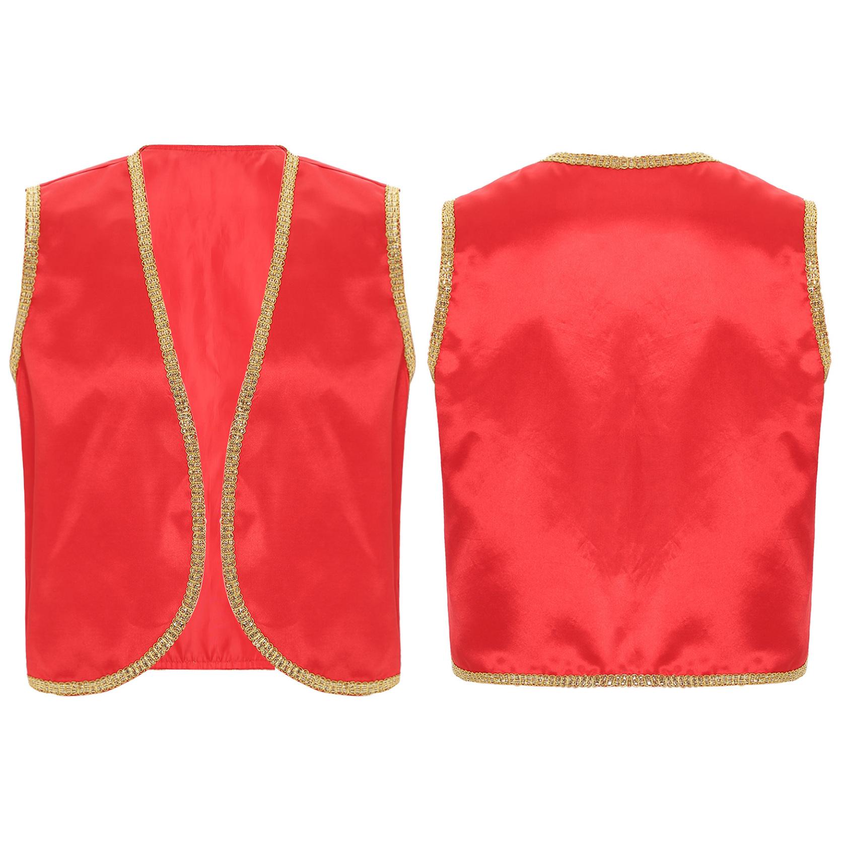 Herren-Halloween-Weste mit arabischen Prinzen, glänzender Goldbesatz, vorne offen, geschwungene Weste, indische arabische Cosplay-Kostüme S bordeaux