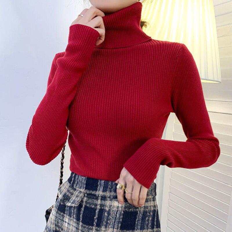 Herbst Und Winter Rollkragen Frauen Pullover Langarm Frauen Pullover Pullover Schlank Solide Wolle Gestrickte Pullover Jumper 16675 One Size rot