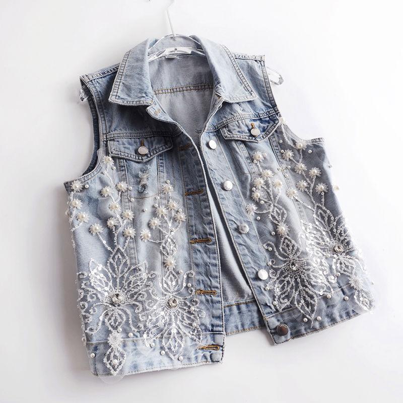Frühling Koreanische Spitze Perlen Denim Weste Frauen Kurze Ärmellose Weste Jacke Top Weste Trend Plus Größe XXXL