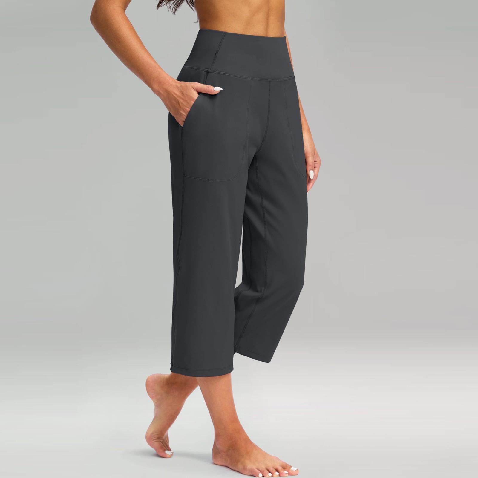 Damen Elastische 3/4-Hose mit hoher Taille, lässige Active Fit-Caprihose mit weitem Bein und Taschen XXL