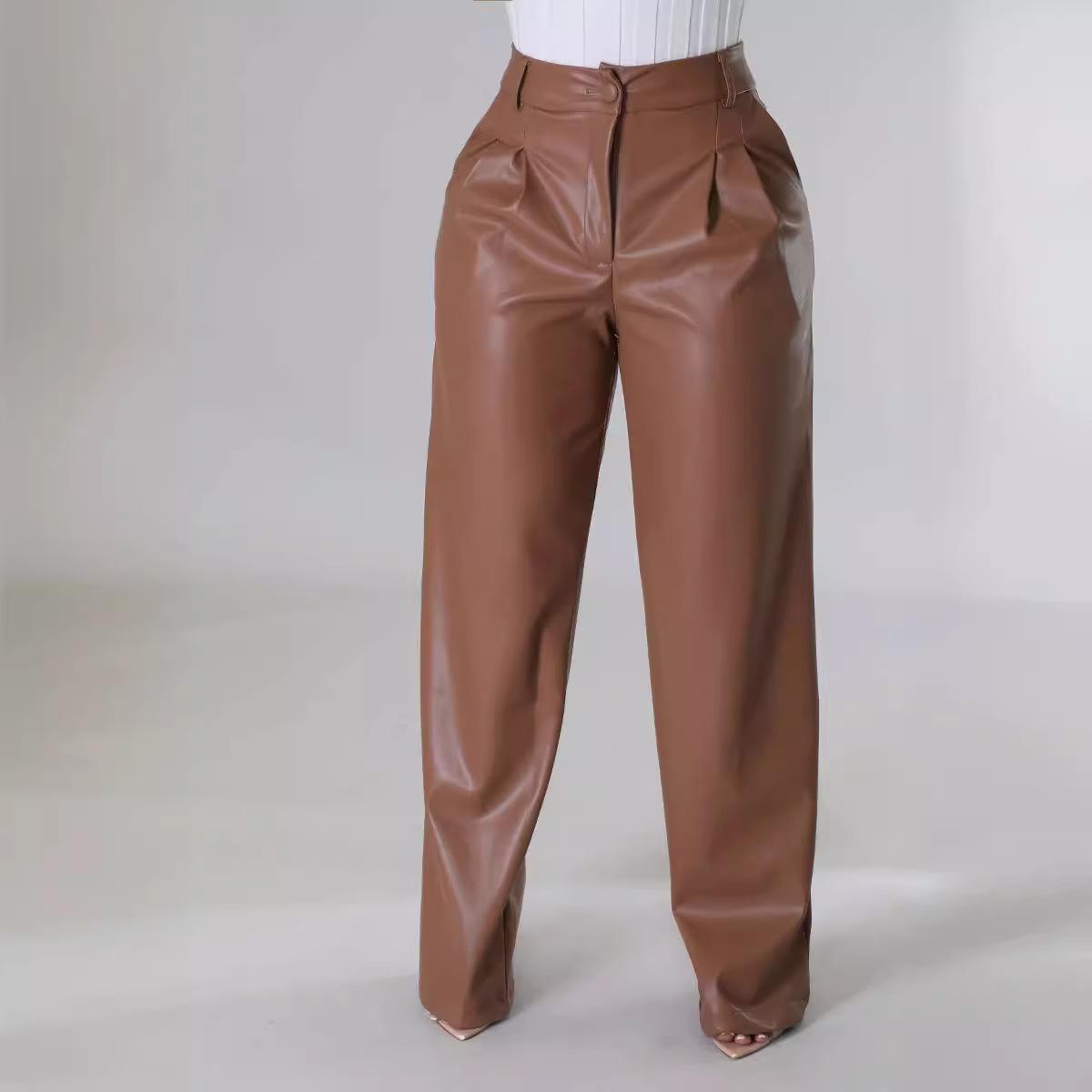 Damen Frühling Retro Lose Breite Beintasche Lässige Lederhose XL braun