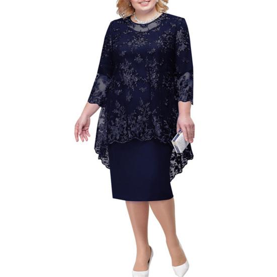 Oansatz Hohe Taille Plus Größe Midi Kleid Stickerei Spitze 3/4 Hülse Dame Abendkleid Weibliche Kleidung 4XL