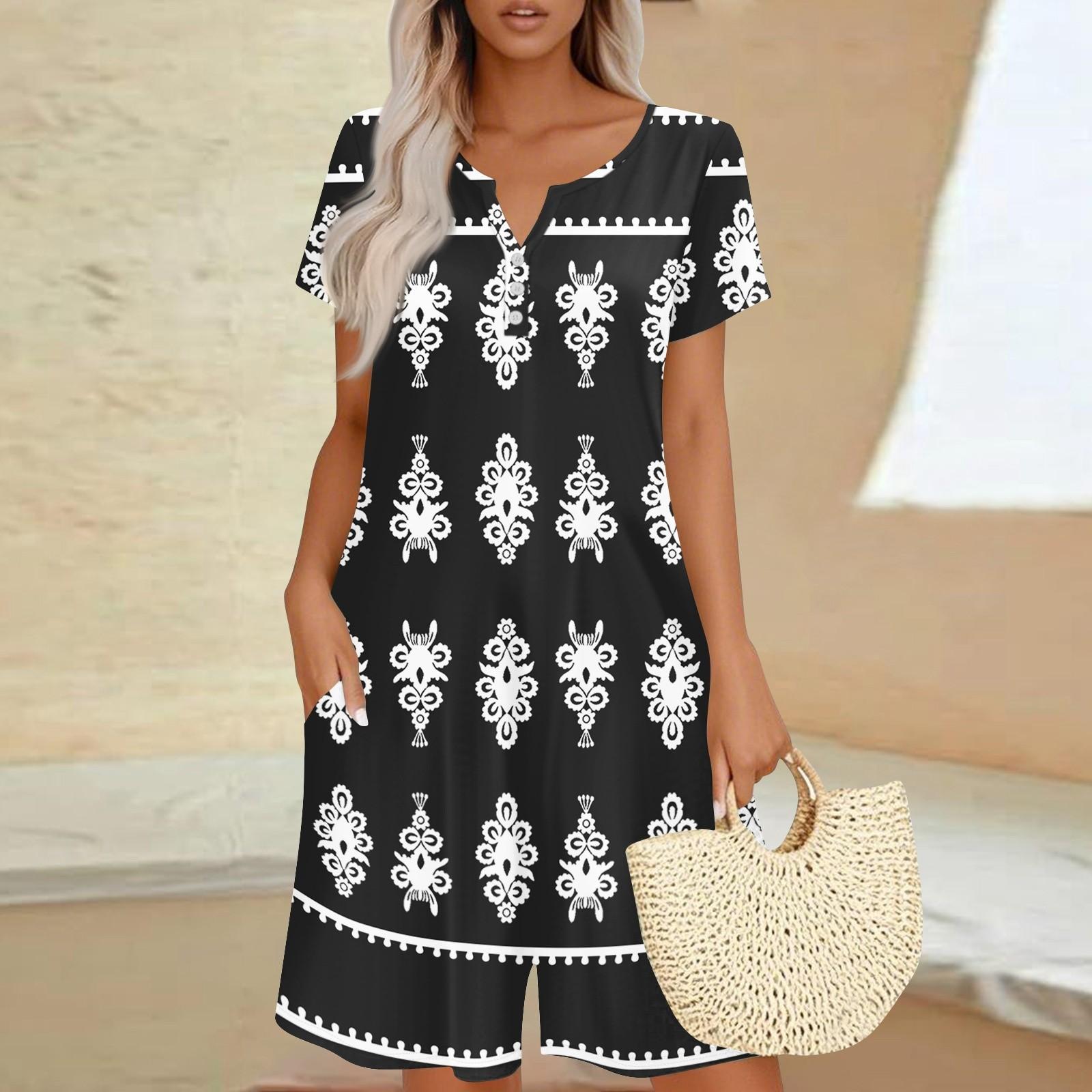 Damen Freizeit Jumpsuit mit kurzen Ärmeln Mode Top Jumpsuit Shorts Romper mit Taschen XXL