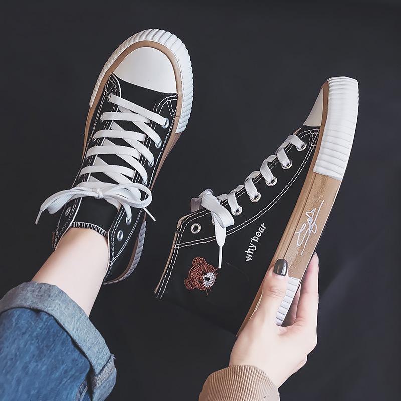 Herbst High-Top Pocket Bär Canvas Schuhe Damen Stoffschuhe Vulkanisierte Schuhe Gummischuhe Lässige Studentenschuhe Board Schuhe 40 schwarz