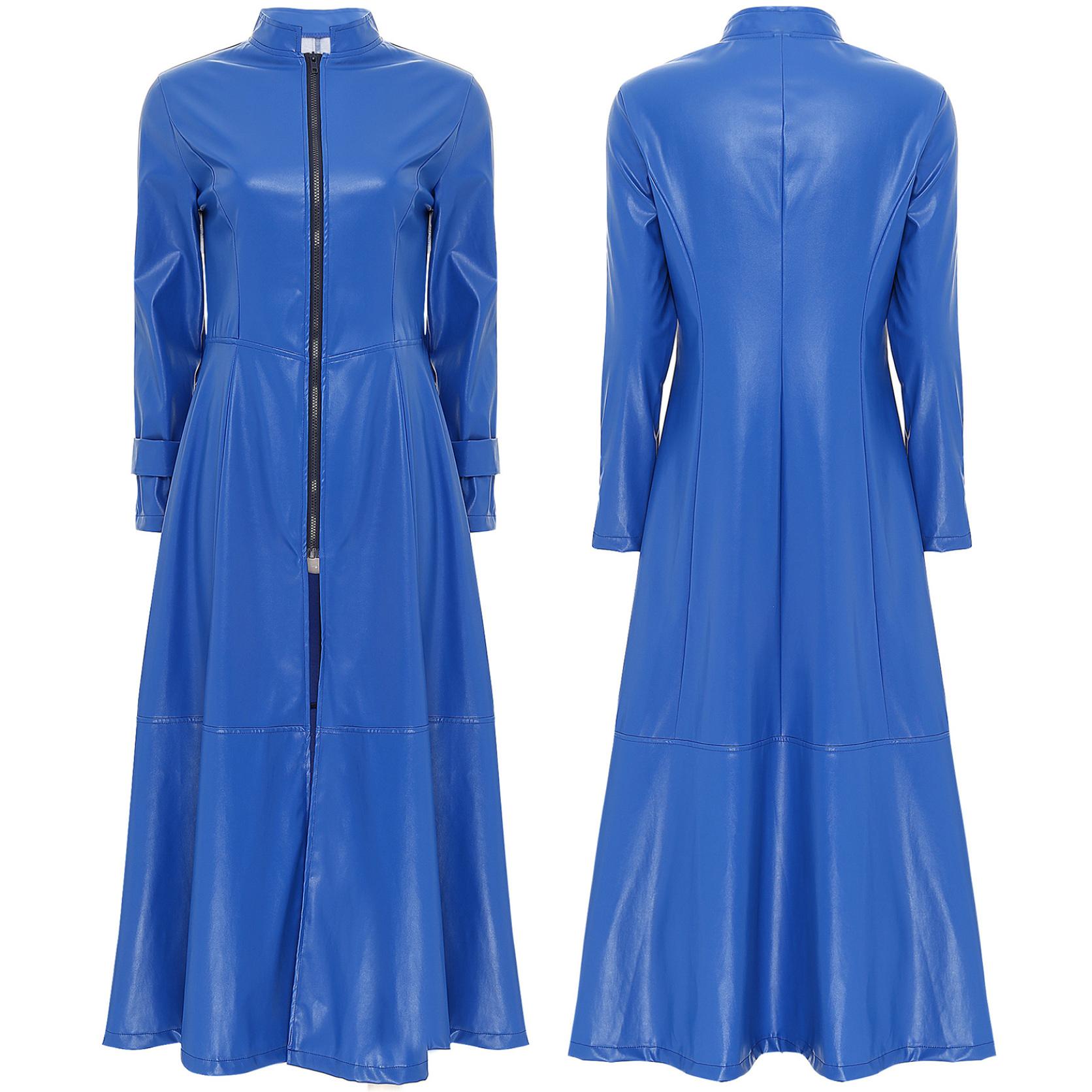 Steampunk-Stil, Gothic-Motorrad-Mantel, Disco-Party, langer Mantel, Kunstleder, Trenchcoat, Jacke, Umhang, Kleid, durchgehender Reißverschluss, knöchellang, für Damen und Herren XL königsblau