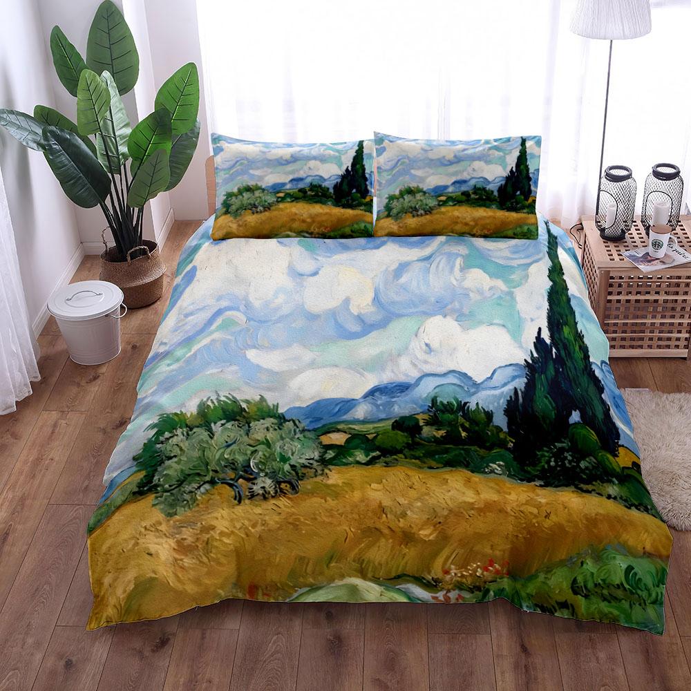 Bettwäsche-Set mit Ölgemälde „Van Gogh Mountain Village“, King-Size-Bett, Queen-Size-Bett, Doppelbett, Full Twin Single Size 140x200cm