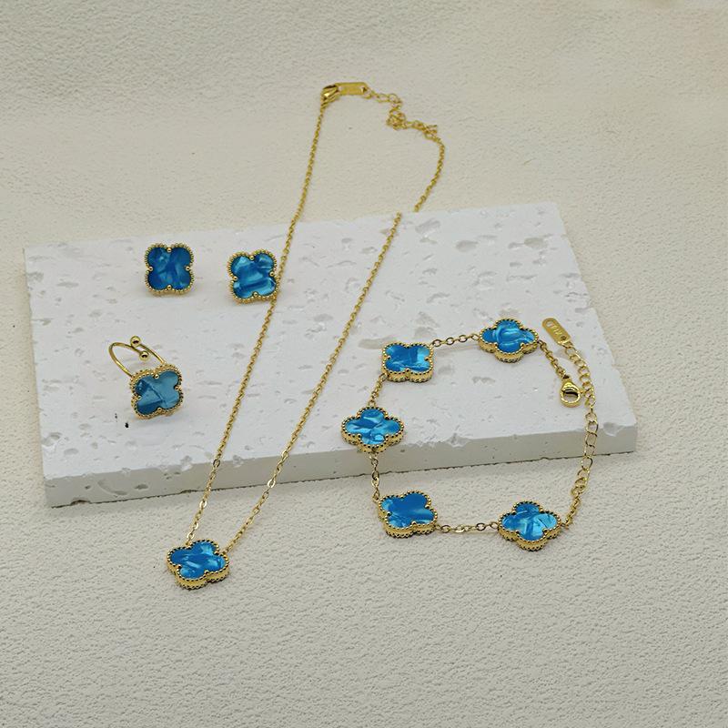 4-teiliges Kleeblatt-Armband, Halskette, Ohrringe, Ring, vierteiliges Set, modisches Schmuckgeschenk 4PCS blau