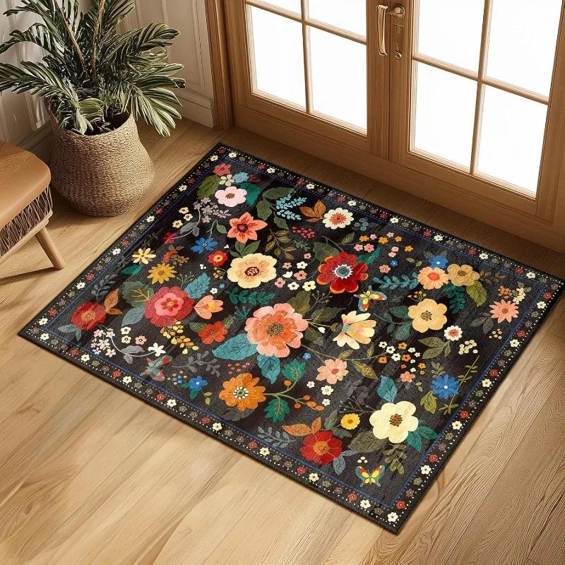 Blumen Fußmatte Wohnzimmer Teppich Eleganter Vintage Blumen Teppich Badezimmer Saugfähige Schmutzabweisende Fußmatte Anti-Rutsch Fußmatte 40X60CM schwarz