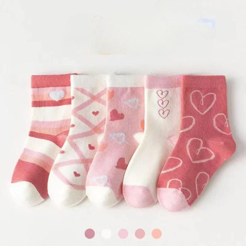 5 Paare/los Kinder Weiche Socken Liebe Herz Blume Druck Baby Mädchen Socken Herbst Winter Warme Kinder Mittel Rohr Socken 1-3Y