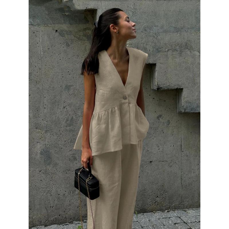 Damenmode Casual Sommer Frühling Einfarbig Druck Ärmellos V-Ausschnitt Blusen & Hemden Hosen Hosen Anzüge M apricot