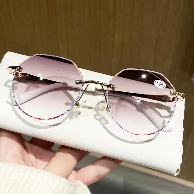 Damen Luxus Modische Lesebrille Retro Rund Randlos 3D Flora Weitsicht Brille Herren Metall Alterssichtigkeit Sonnenbrille 1.0