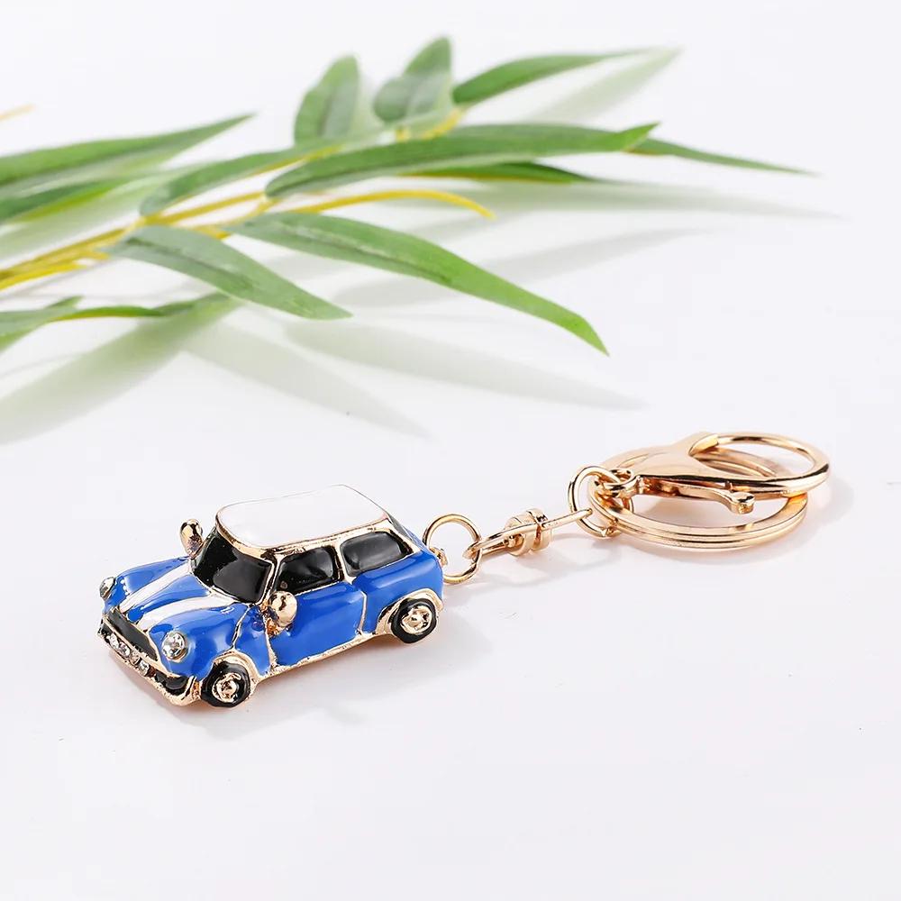 Cartoon Mini Car Keychain Rhinestone Car Model Metal Key Ring Decorative Pendant Accessories for MINI Cooper S JCW R50 blau