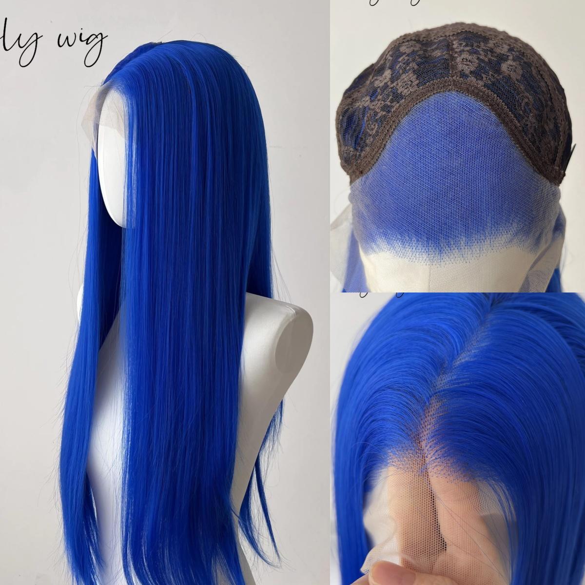 Ashley Pink Lace Front Perücke 26“ 13x4 Lace Frontal Perücken Lange Glatte Hitzebeständige Kunstfaser Perücke für Mira Cosplay 18inches&150%&1pc blue