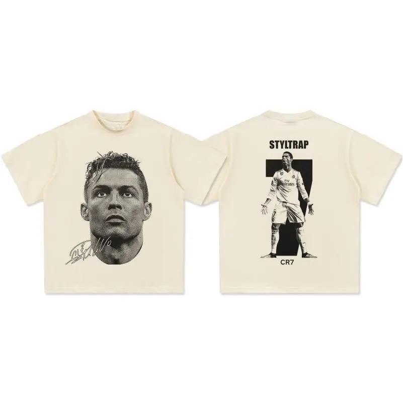 2026 Cristiano Ronaldo Fußball T-Shirt Übergroß Doppelseitige Grafik Baumwoll-T-Shirt CR7 Ikone Stern Herren Damen Trendige Streetwear Hals XXXL gray