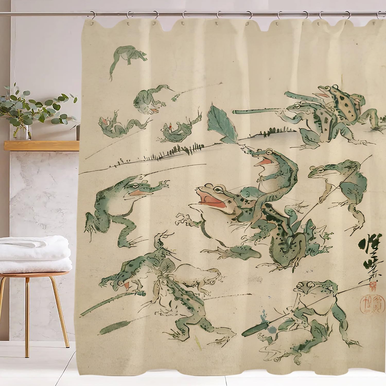gleichgültiger Frosch Duschvorhang Tinte niedlich lustig asiatischer Stil traditionell wasserdichtes Stoff Duschvorhang cooles Badezimmer W90xH180cm beige