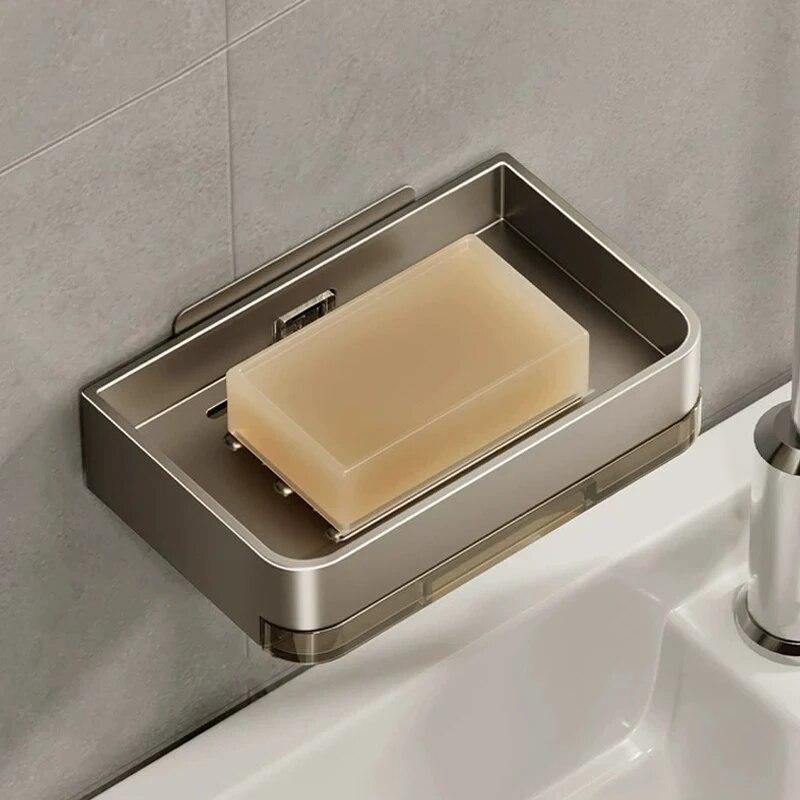 Seifenhalter aus Aluminiumlegierung ohne Bohren, Badezimmer-Seifenschale mit Abflusswasser, Wand-Seifenschale, Organizer, Badezimmer-Zubehör grau