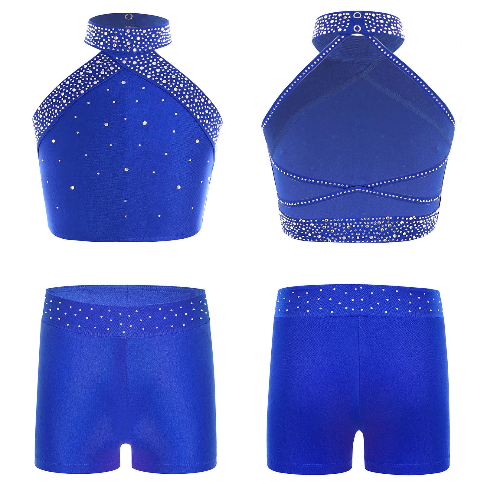 Mädchen Eiskunstlauf-Tanz-Outfits 2-teilig Gymnastik-Ballett-Tanz-Set Neckholder-Bauchweste mit Booty-Shorts Sportkleidung 11-12 Years blau