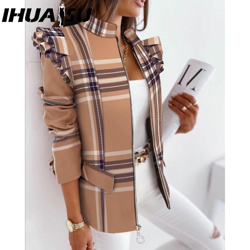 IHUASU Damen Vintage Lässig kariert Herbst Winter Langarm Jacken & Mäntel XXXL