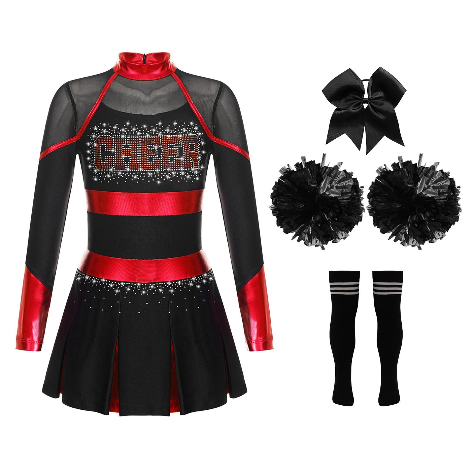 Cheerleader-Kostüm für Kinder, Halloween-Cheerleading-Uniform, Kleid mit Pompons und Socken, Karneval, Party, Kostüm-Outfit 9-10 Years schwarz/rot