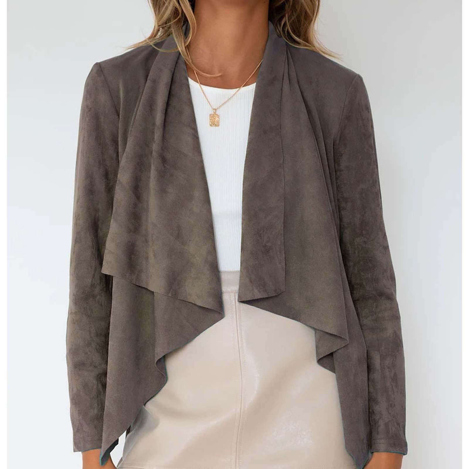 Lässige, einfarbige, langärmlige Jacke mit Hirsch-Imitat für Damen, modische, lockere Jacke L khaki