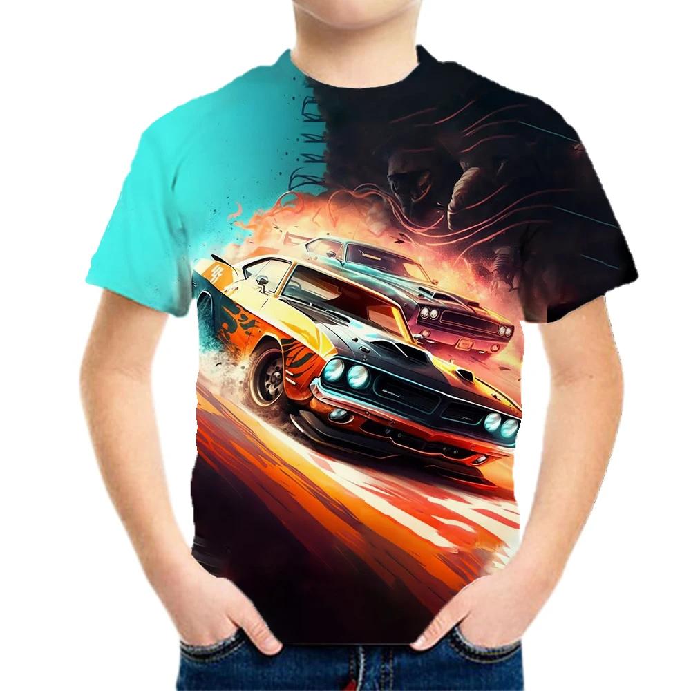 T-Shirts mit Grafikdruck mit Rennwagen, Jungen und Mädchen, Geschenk für Kinder, kurzärmelige Oberteile für Kinderkleidung von 2 bis 8 Jahren, männliche T-Shirts 110