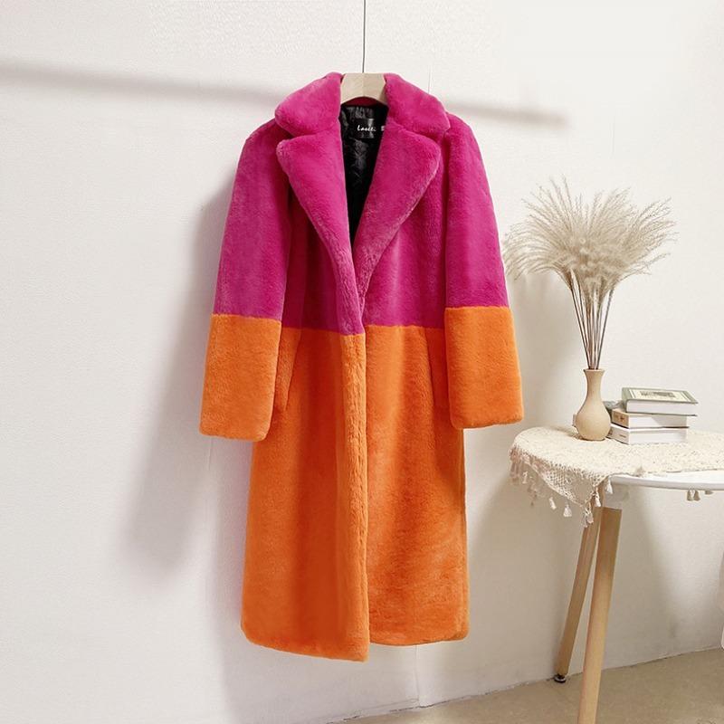 Damen Wintermantel, Mittellanger Lockerer Mantel, Damenmantel mit Fellkragen XXL-XXXL pink