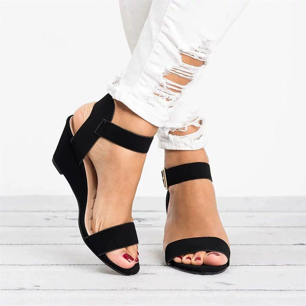 Übergröße Damen Peeptoe Keilsandalen - Einfarbig, Europäisch/Amerikanischer Stil, Offene Zehenpartie, Einriemen-Schnalle, Hoher Absatz, Outdoor-Bekleidung, Größe 43 42 schwarz