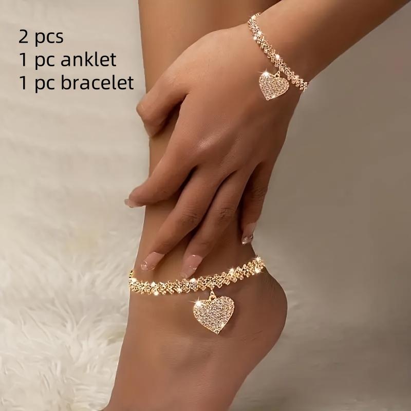 2-tlg. Fußkettchen- und Armbandset mit Glitzer-Strass-Herz und Liebessymbol im Luxusdesign für Damengeburtstagsfeiern, Hochzeiten, Jubiläen, Schmuckgeschenke 2 pcs gold