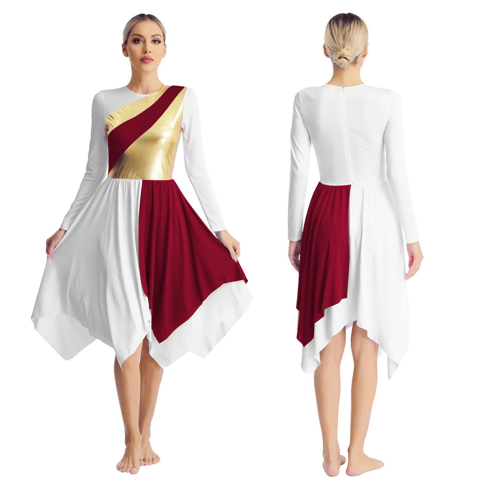 Liturgisches lyrisches Tanzkleid für Damen, langärmelig, metallische Kontrastfarbe, asymmetrische Kleider, Anbetungsaufführung XXL bordeaux/weiß