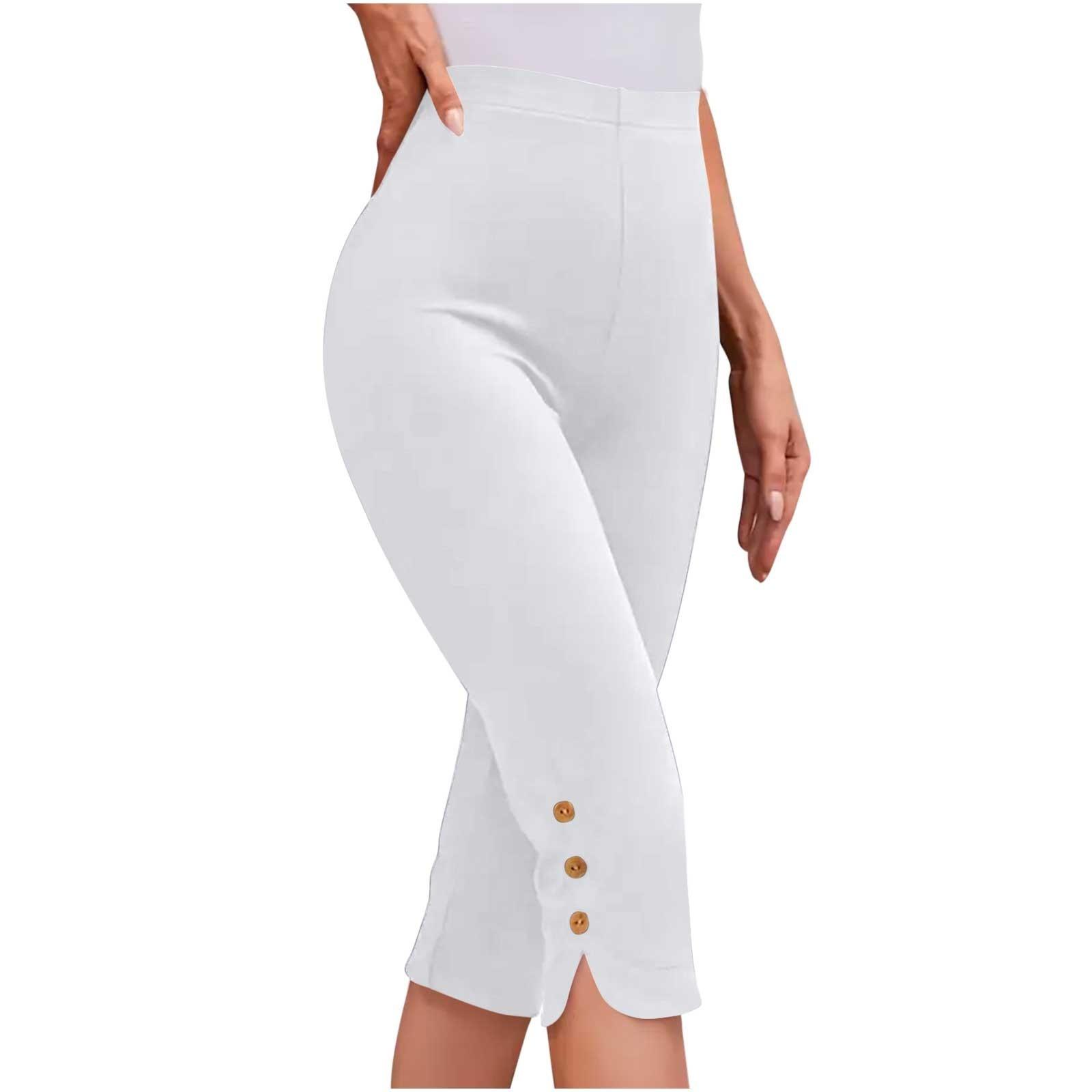 Damenmode Einfarbig Casual Bottom Hose Knopf Sport Slim Seven Quarter Hose L weiß