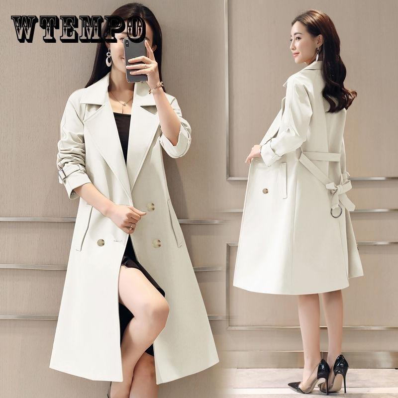 Windjacke Damen Trompetenärmel Über das Knie Locker Binde-Mantel Zweireihiger Mantel S white