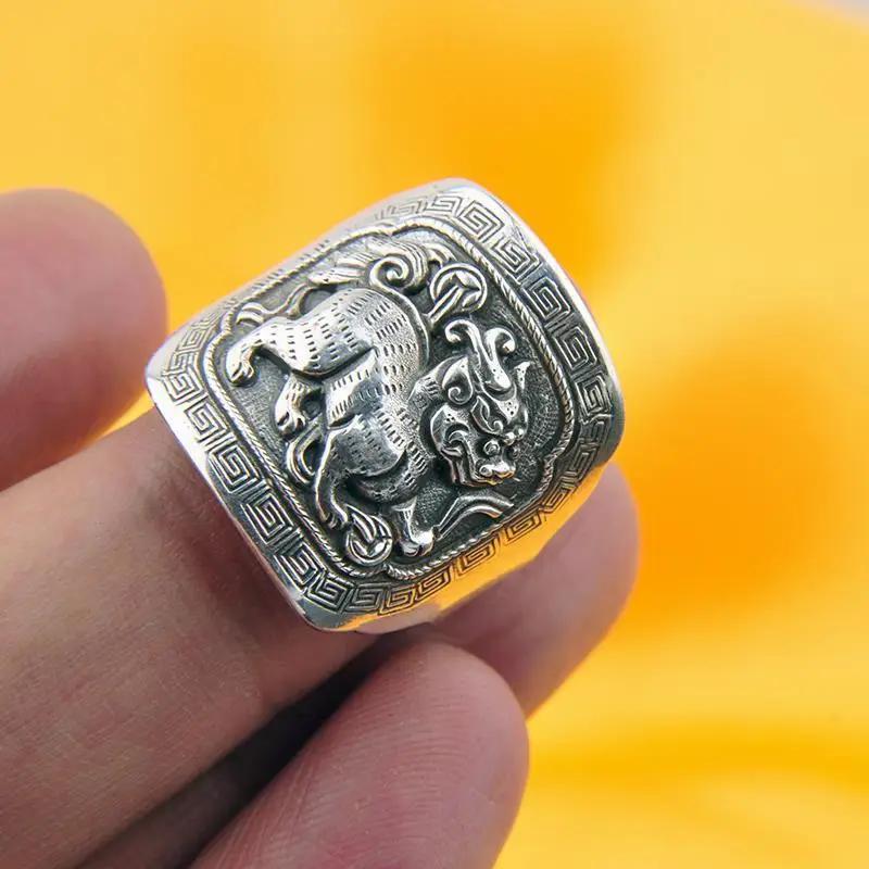 Neu im ethnischen Stil Quadratische Göttliche Bestie Herrenringe 990 Thai Vintage Emaille Blau Bankett Party Schmuck Öffnung Verstellbar resizable gray