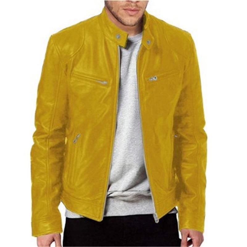 Herren Lederjacke Jugend Stehkragen Punk Motorrad Biker Lederjacke Modische Oberbekleidung für Herren Langlebiges Stilvolles Design XL gelb