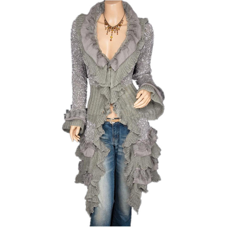 Damenmode-Cardigan-Pullover, einreihiger, mittellanger Mantel mit Spitzentrompetenärmeln One Size grau