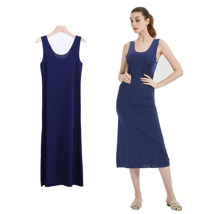 Übergröße Nahtlose Unterkleider Kleider für Damen Sommer Eis Seide Kühl Unterrock Unterrock Ärmellos Unterwäsche Unterkleider Kleid M-5XL L blau
