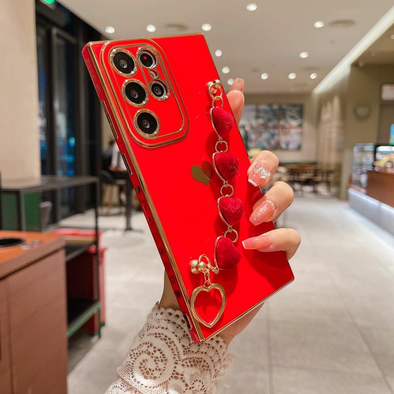 Luxus Plating Quadratische Hülle für Samsung Galaxy S24 S23 Plus S22 Ultra S21 A13 A52 A55 A53 A23 A12 Herzen Armband Soft Case Samsung S21 rot