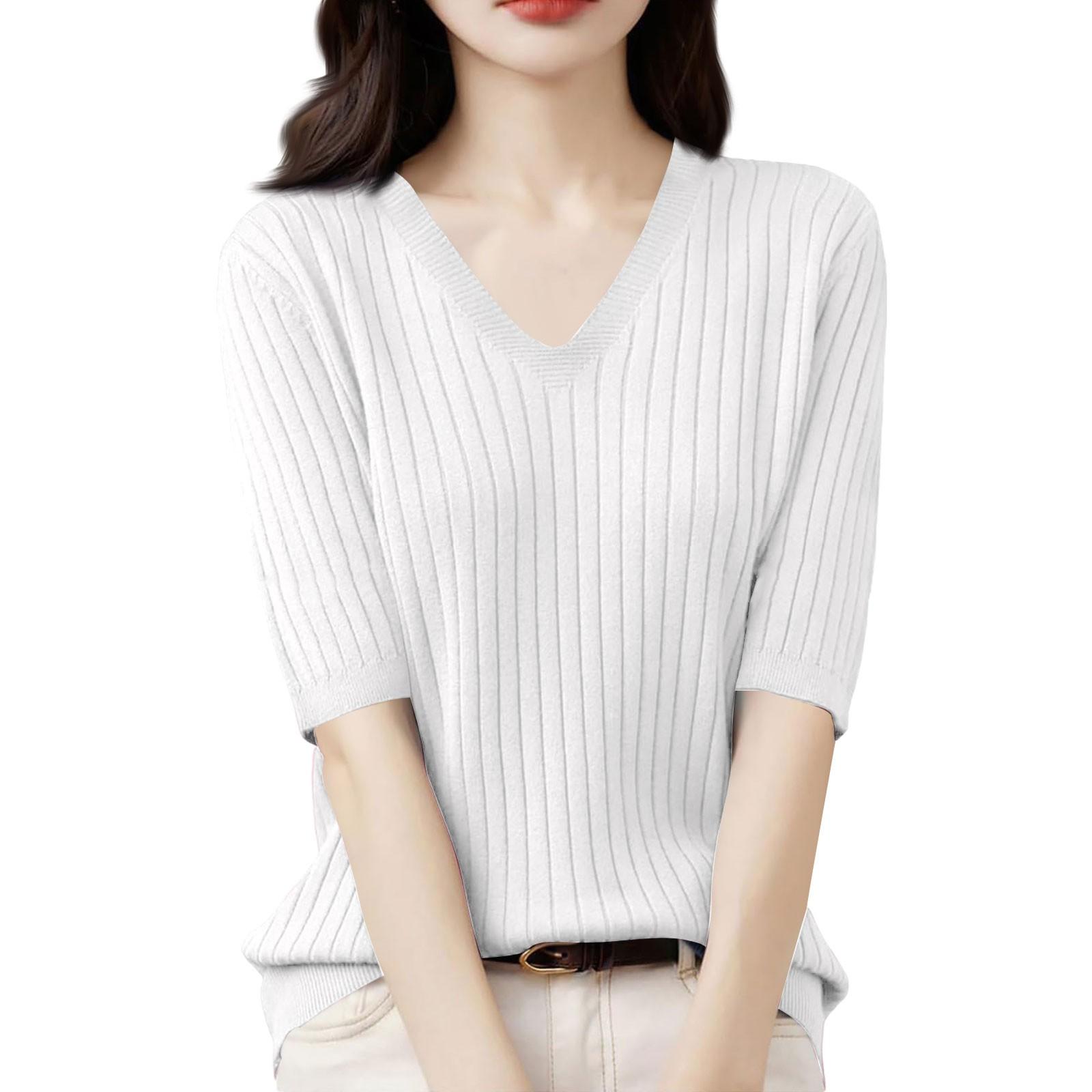 Damenmode Locker gestrickter Pullover Unterhemd V-Ausschnitt Pullover Halbarm Einfarbiges Oberteil XL weiß