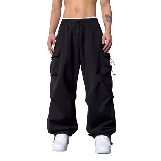 Herren Casual Cargo Hose Hip Hop Baggy Hose mit Taschen Low-Rise Elastischer Bund Kordelzug Lockere Hose für Frühling Herbst Straße Reise L